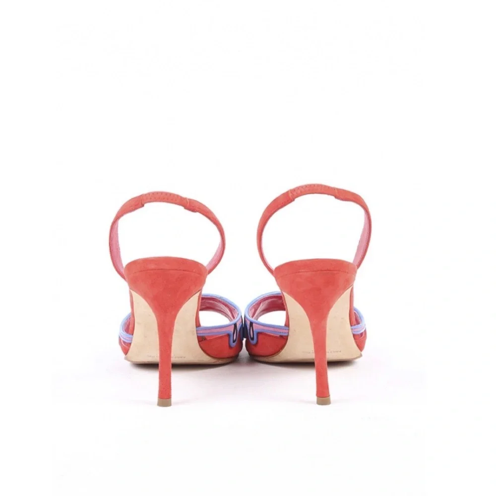 Manolo Blahnik Women's Red Suede Open Toe Sling back Pumps, Size 38 - Picture 3 of 4